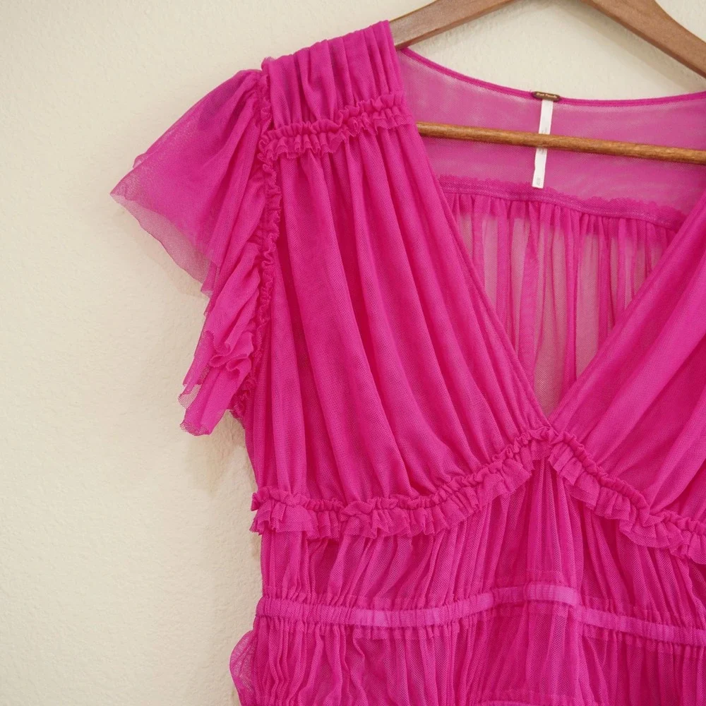 Free People Size Medium Magenta Pink Sheer Mesh Ruffle Smocked V-Neck Top Party